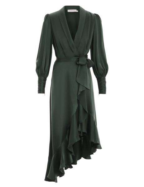 Women Zimmermann Silk Wrap Midi Dress Clothing Dark Green