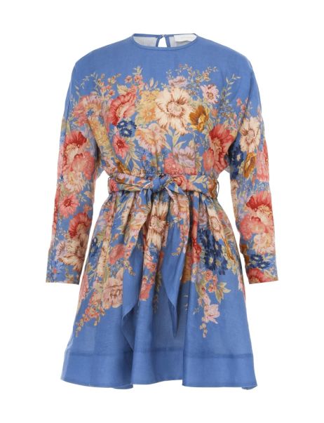 Zimmermann August Long Sleeve Mini Dress Women Dusty Blue Floral Dresses & Coverups