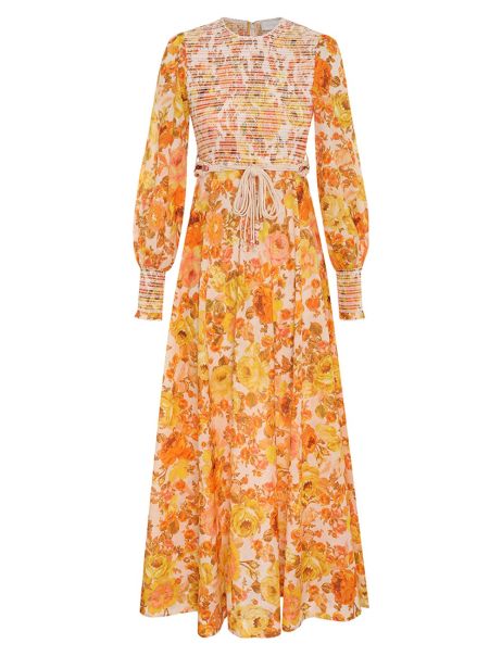 Yellow Orange Floral Zimmermann Dresses & Coverups Raie Smocked Bodice Midi Dress Women