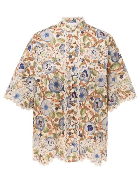 Women Ivory Blue Floral Junie Embroidered Shirt Tops Zimmermann