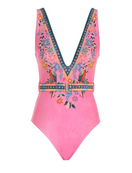 Women Zimmermann Ginger Belted Plunge 1Pc Pink Multi One Pieces